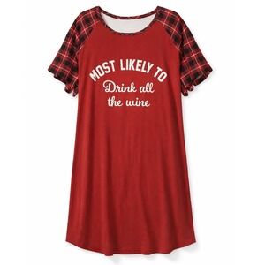 NWT womens red plaid " most likely to drink all the wine" new sleepshirt 2X
